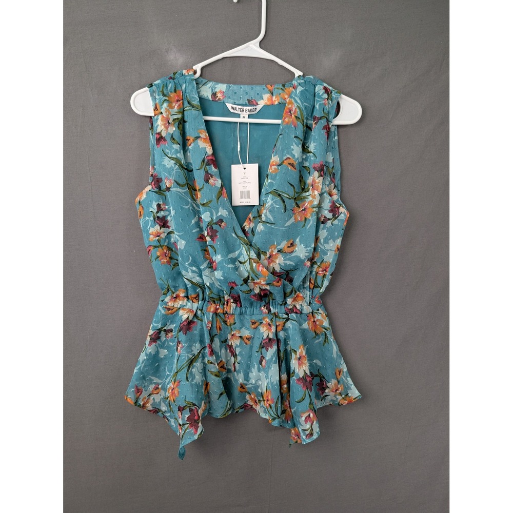 Walter Baker Paulo Top Baby Blue Floral Sleeveless V-Neck Blouse Size Medium